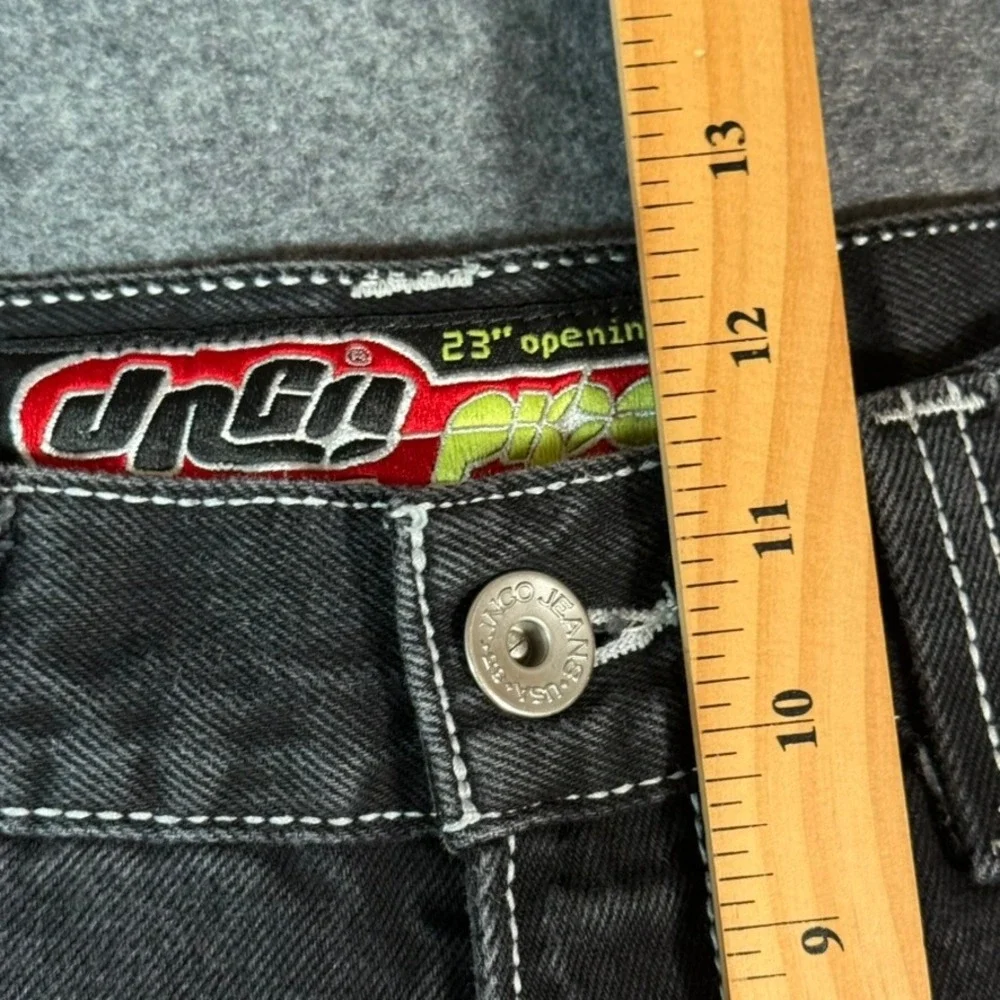Y2K VTG JNCO Pipes Originals Mens Black Wide Leg Denim Jeans 30W 30L Embroidered